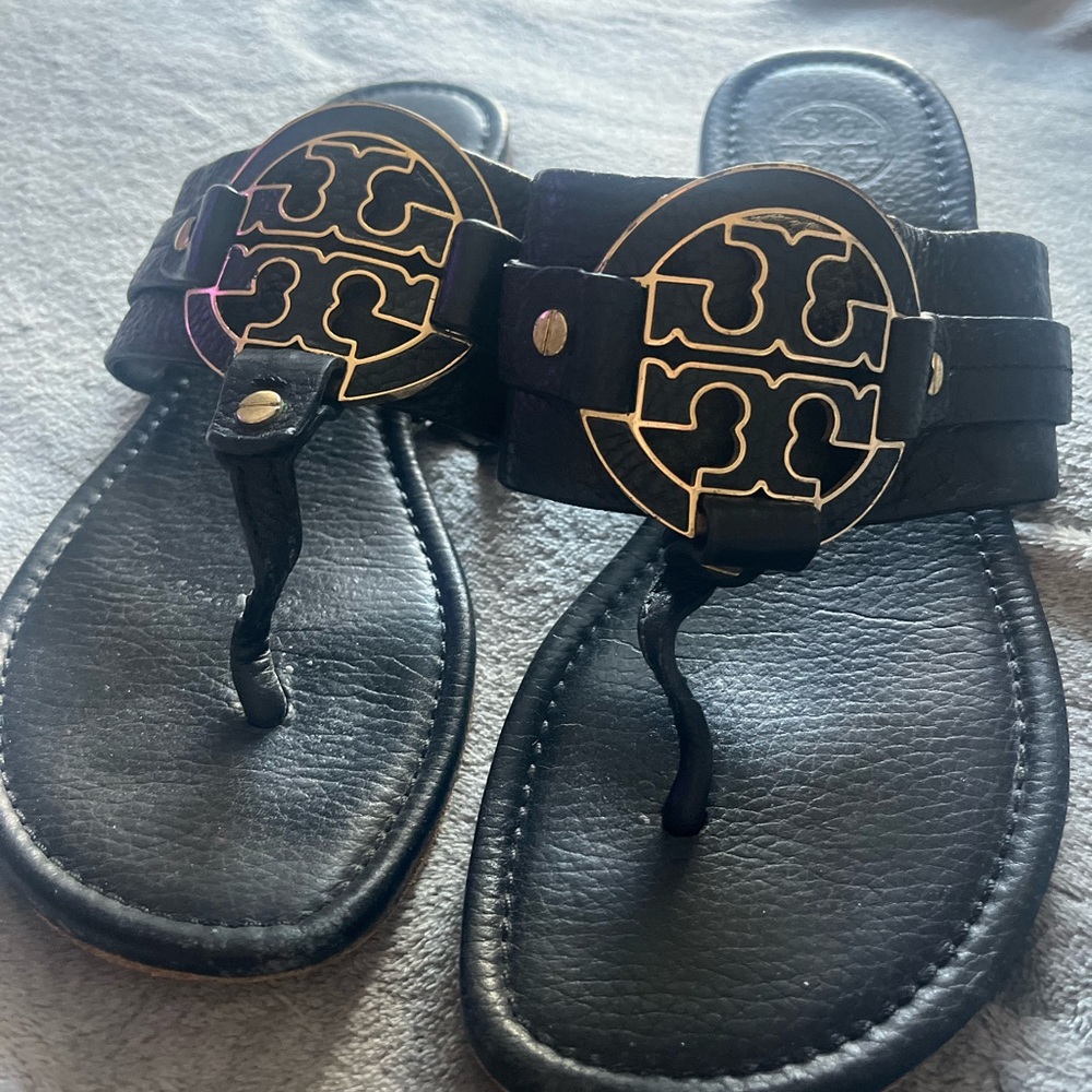 Tory Burch Black Sandals with Gold Emblem